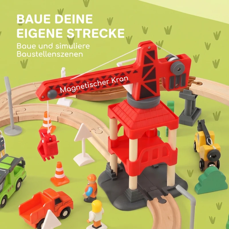 AIYAPLAY 91-delige houten treinset met kraan, treinen, bouwvoertuigen, rails en brug voor kinderen vanaf 3 jaar