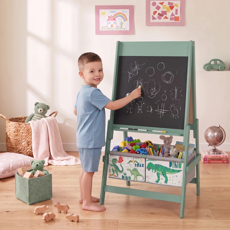AIYAPLAY Art Easel for Kids, 3-in-1 Kids Easel with Chalkboard, Whiteboard, Paper Roll, Storage, Under-Board Shelf for 3-8, Green