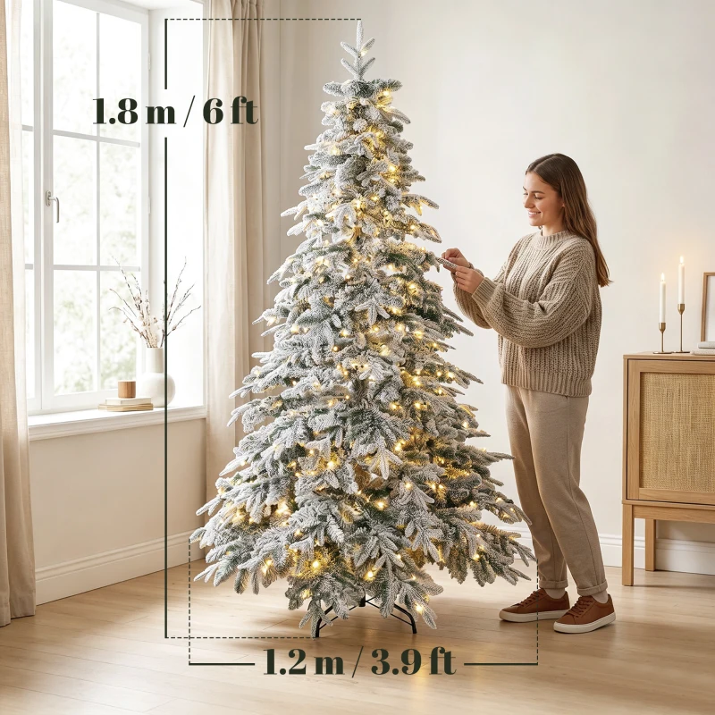 HOMCOM Brad de Crăciun Înzăpezit 180 cm cu 350 de Lumini LED Alb Cald, Timer, Telecomandă, 8 Modalități, 740 de Ramuri Ignifuge