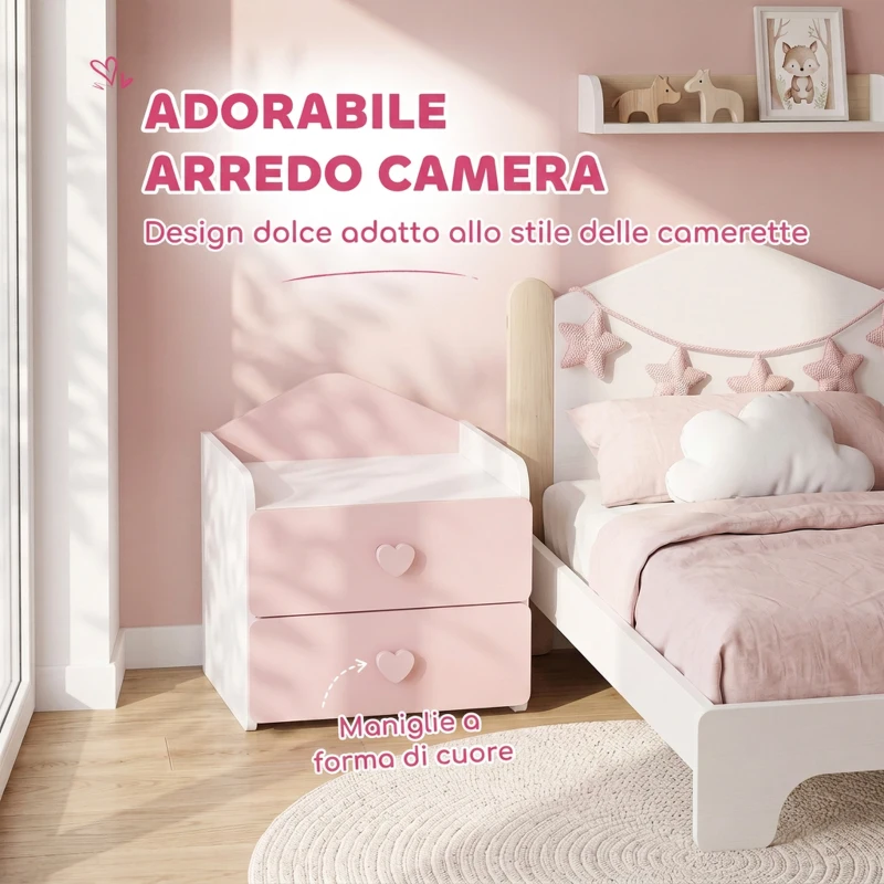 AIYAPLAY Comodino per Bambini 3-8 Anni con 2 Cassetti, Angoli Arrotondati, Maniglie a Cuore, 34x31x36 cm, Rosa