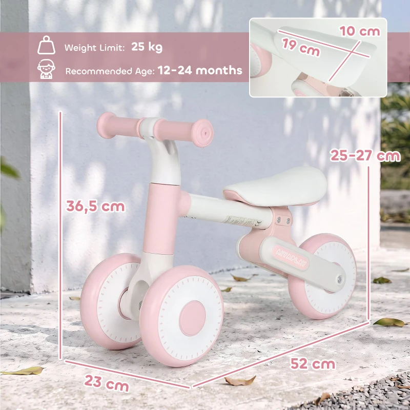 AIYAPLAY Bicicleta sem Pedais para Bebê 1-2 Anos Dobrável Assento Ajustável Direção Limitada a 135° Pneus EVA Silenciosos 52x23x36,5 cm Rosa