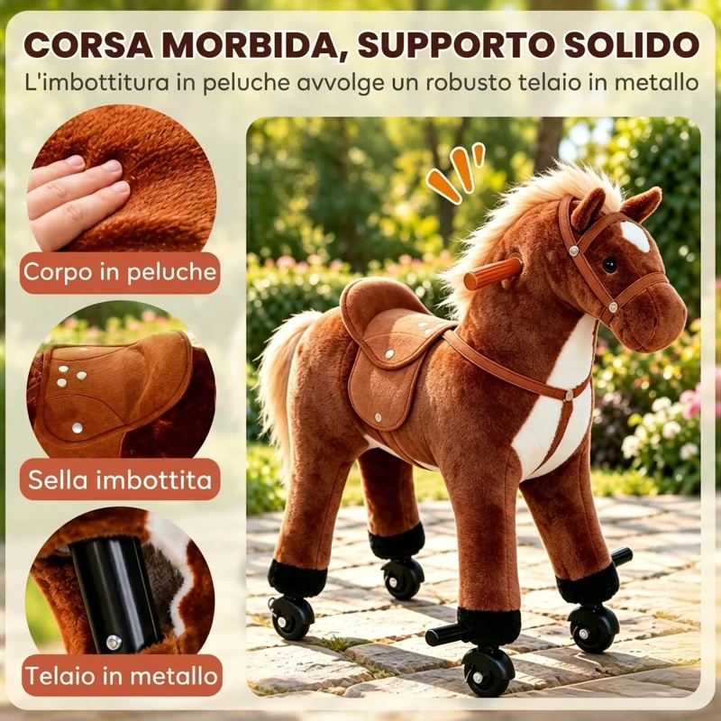HOMCOM Cavallo a Dondolo per Bambini 2+ Anni con 4 Rotelle e Suoni Realistici, Dondolo per Bambini Imbottito con Poggiapiedi, 65x28x75 cm, Marrone