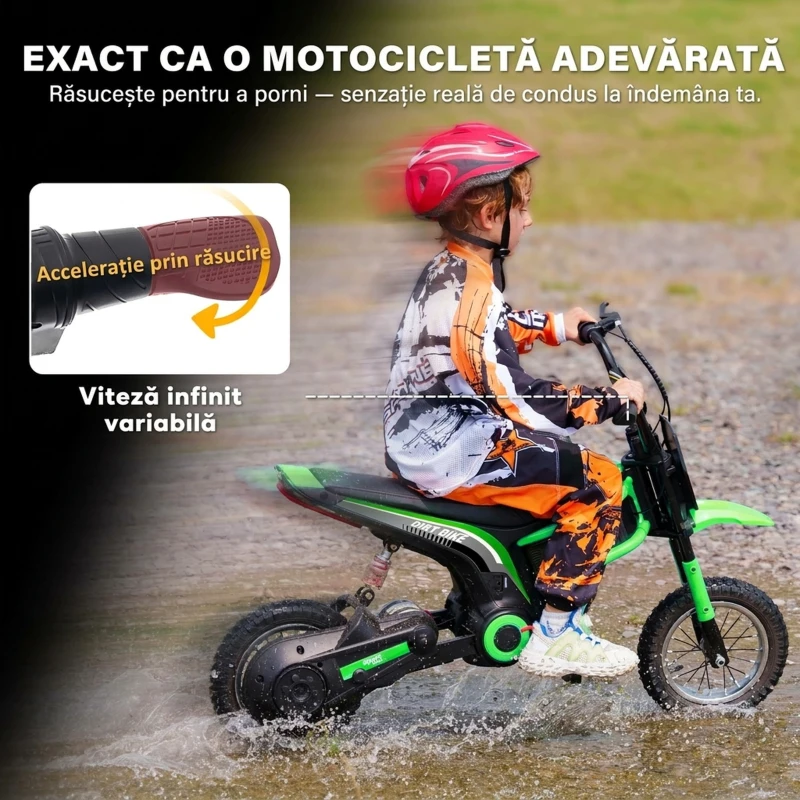 HOMCOM Motocicletă Electrică pentru Copii cu Accelerație Manuală, 2 Viteze, 8-16 km/h, Vârsta 8-12 Ani, Verde