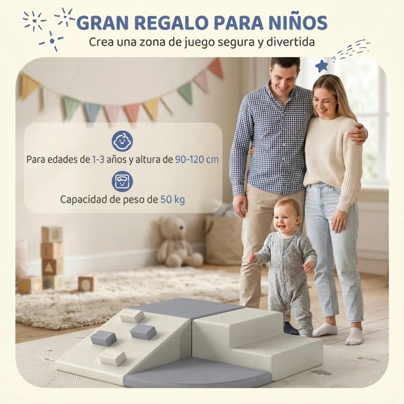 AIYAPLAY Juego de 4 Bloques de Espuma para Niños de Psicomotricidad Tapizados en PU Escalar y Gatear 1-3 Años Gris Claro y Beige