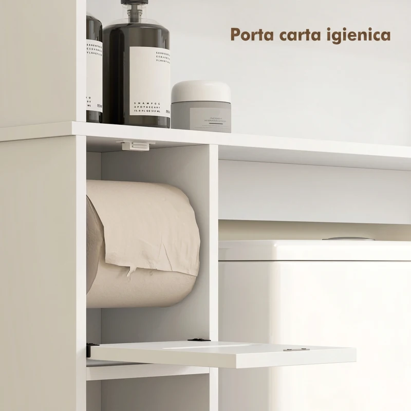 HOMCOM Mobile Sopra WC con Armadietto a 2 Ante Ventilate e Ripiani Aperti, Barra Inferiore, 80x19.5x170 cm, Bianco
