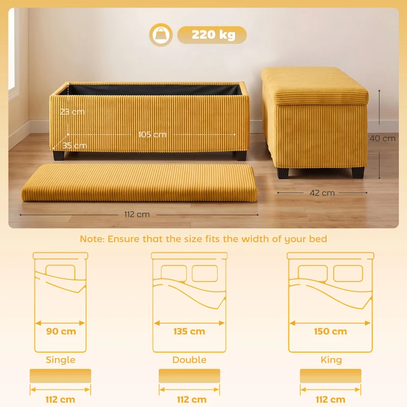 HOMCOM Banco com Arrumação 84 L 112x42x40 cm em Bombazina para Quarto e Sala Amarelo