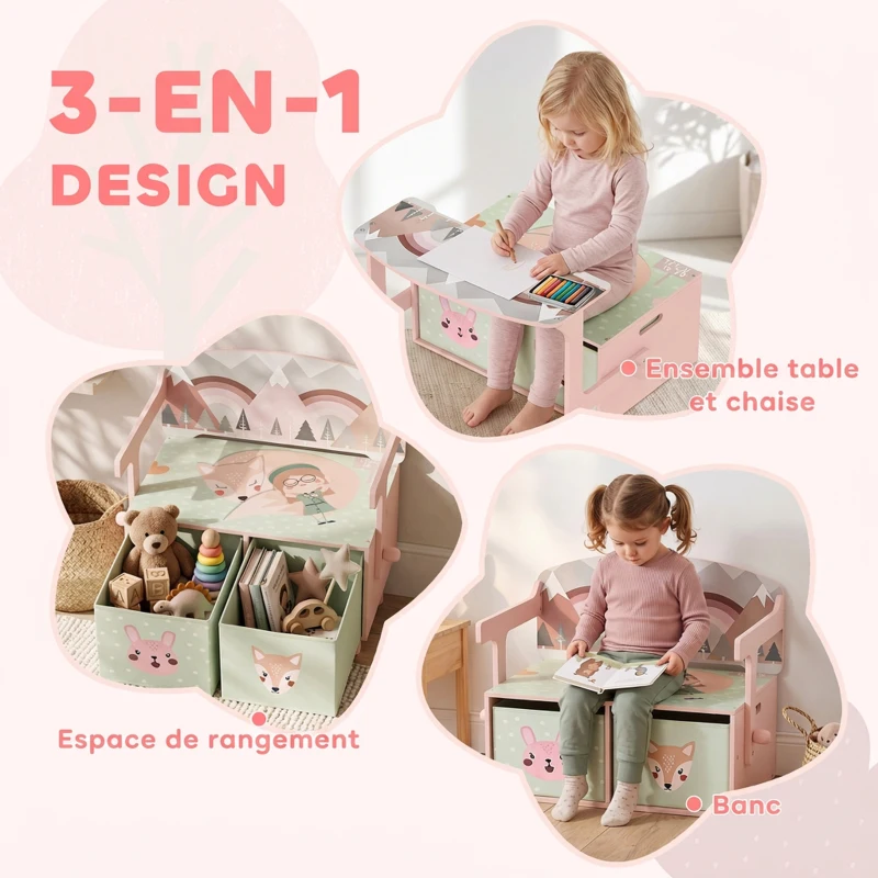 AIYAPLAY Coffre à Jouet Enfant 3 en 1, Ensemble Table et Chaises avec 2 Bacs en Tissu Amovibles et Poignée, 3-6 ans, Rose