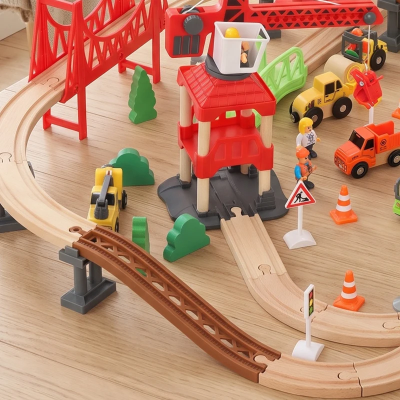 AIYAPLAY 91-delige houten treinset met kraan, treinen, bouwvoertuigen, rails en brug voor kinderen vanaf 3 jaar