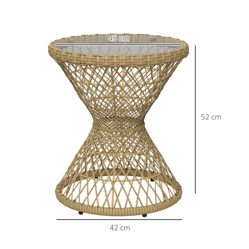 Outsunny Couchtisch Beistelltisch Boho-Design, Glasplatte, PE-Rattan, 45 cm x 45 cm x 52 cm, Natur
