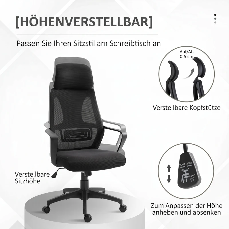 Vinsetto Bürostuhl, Schreibtischstuhl mit Wippfunktion Höhenverstellbarer mit Kopfstütze, Lendenstütze Schwarz
