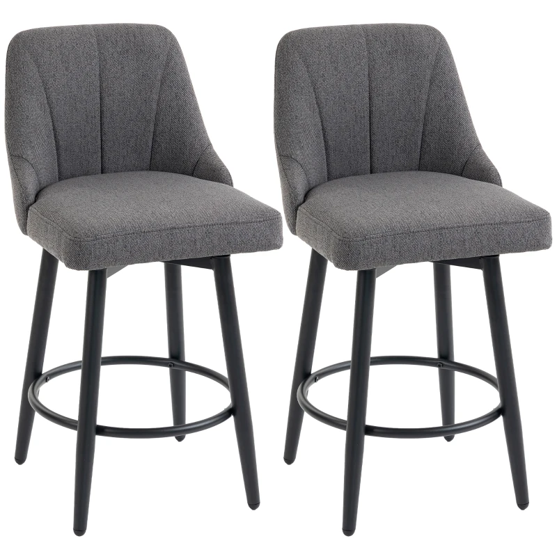 HOMCOM Lot de 2 Tabourets de Bar Pivotants, Chaises de Bar en Tissu Effet Lin, Dossier Capitonné, Repose-Pieds, Gris