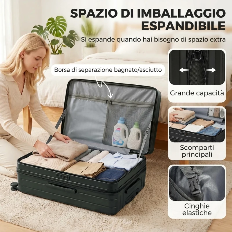 HOMCOM Valigia Rigida Grande 116L Espandibile con 4 Ruote e Lucchetto TSA, 50x33x77 cm, Nero