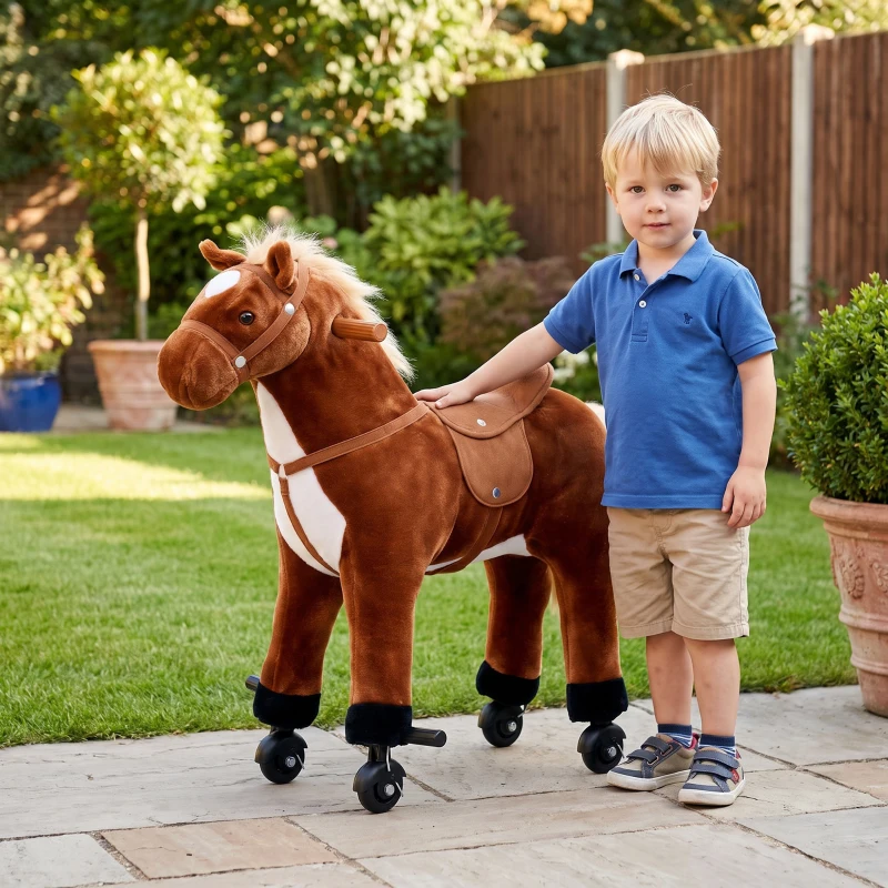 HOMCOM Cavallo a Dondolo per Bambini 2+ Anni con 4 Rotelle e Suoni Realistici, Dondolo per Bambini Imbottito con Poggiapiedi, 65x28x75 cm, Marrone