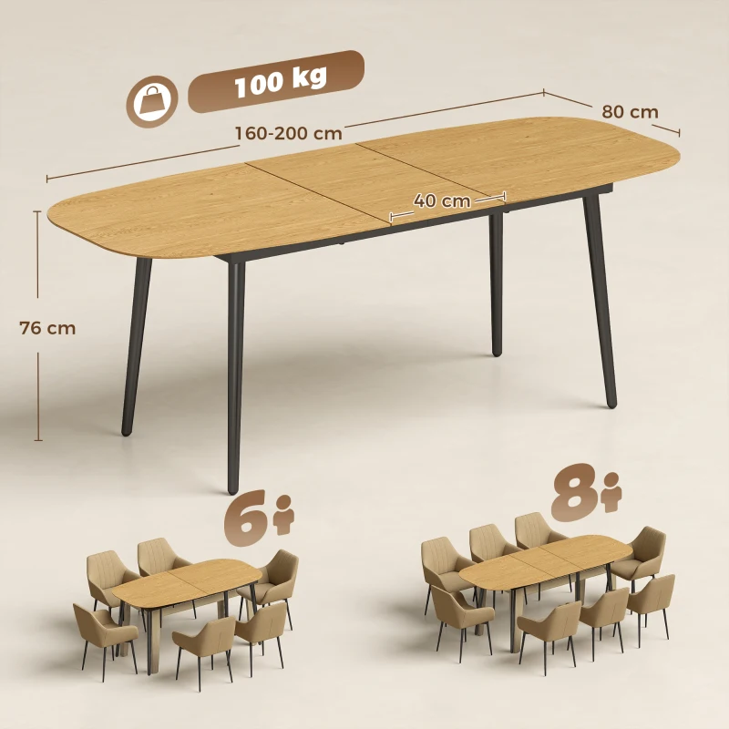 HOMCOM Masă extensibilă dreptunghiulară pentru 6–8 persoane, masă de bucătărie 160-200 cm cu poliță, maro