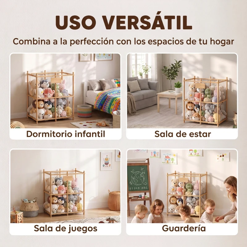 AIYAPLAY Organizador de Peluches de Madera con Cordones Elásticos Estantería Infantil de Juguetes 3-8 Años 76x40x94,5 cm Natural