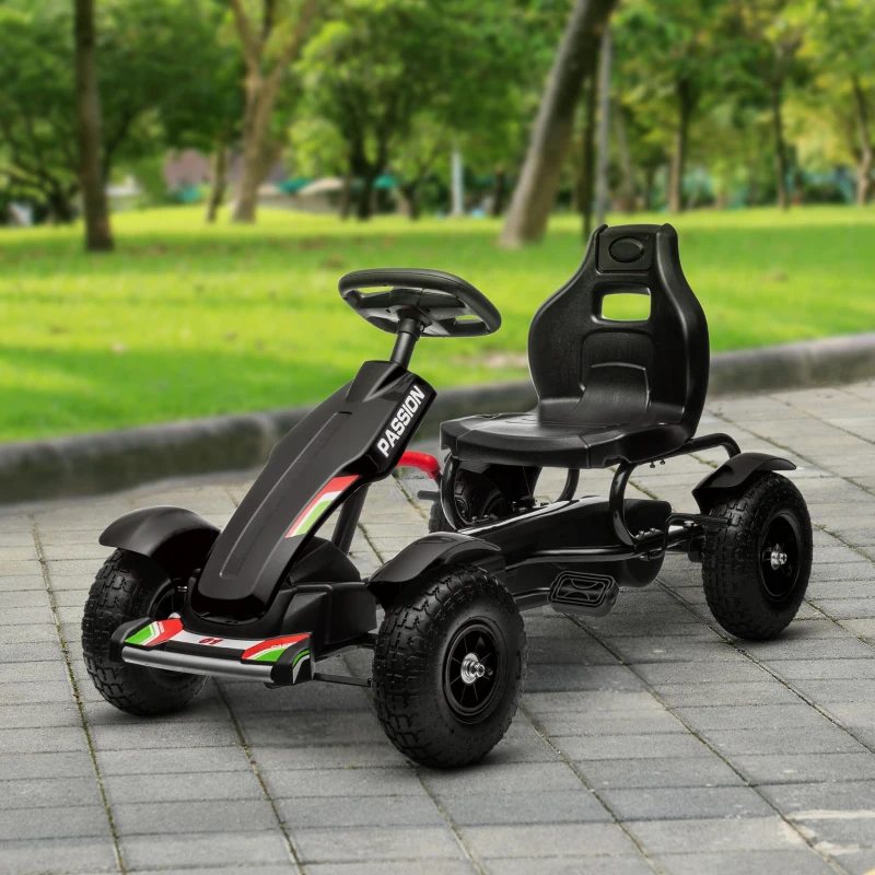 HOMCOM Go Kart a Pedali per Bambini 5-12 Anni in PP e Metallo Nero con Sedile Regolabile e Freno a Mano, 117x58x61 cm