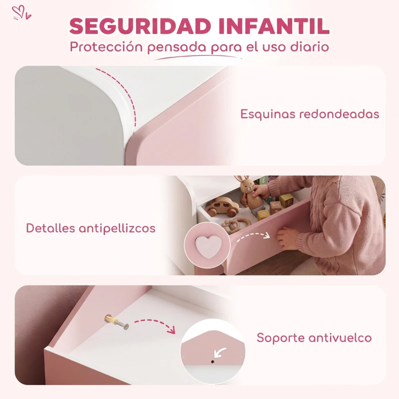 AIYAPLAY Mesita de Noche Infantil con 2 Cajones Montessori Bordes Redondeados para Niños de 3 a 8 Años 34x31x36 cm Rosa