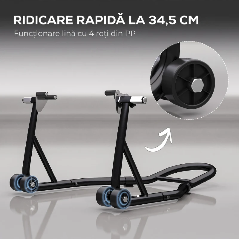 HOMCOM Stand Față pentru Motocicletă cu Protecții Antiderapante, Adaptoare Reglabile pentru Bolțuri și Tip Furcă, Capacitate 200 kg, pentru Anvelope de 18", 17" și 10"