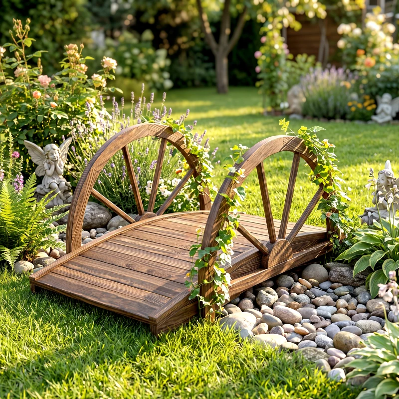 Outsunny Pont de jardin en bois, avec balustrade à demi-roues charge max. 150 KG, 100 x 50 x 37 cm, marron