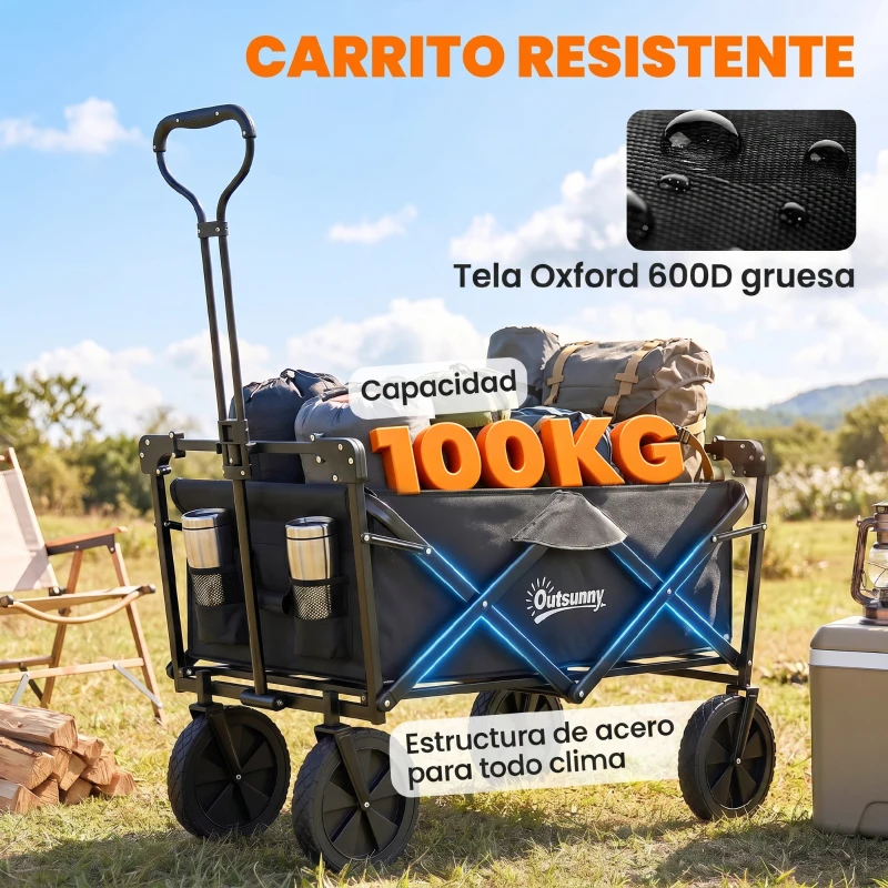 Outsunny Carro Plegable con Toldo Desmontable Longitud y Ángulo del Mango Ajustables y Bolsa de Transporte Carga 100 kg Negro