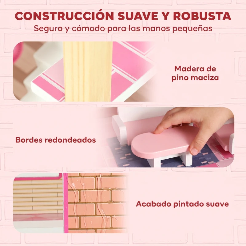 AIYAPLAY Casa de Muñecas de Madera 3 Pisos con Balcón Escaleras y 10 Muebles Juguete de Imitación para Niños de 3 a 6 Años Rosa