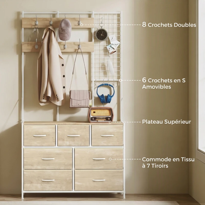 HOMCOM Porte-Manteau 4 en 1, Meuble d'Entrée avec 7 Tiroirs Pliables en Tissu, 14 Crochets et Panneau Grillagé, Chêne