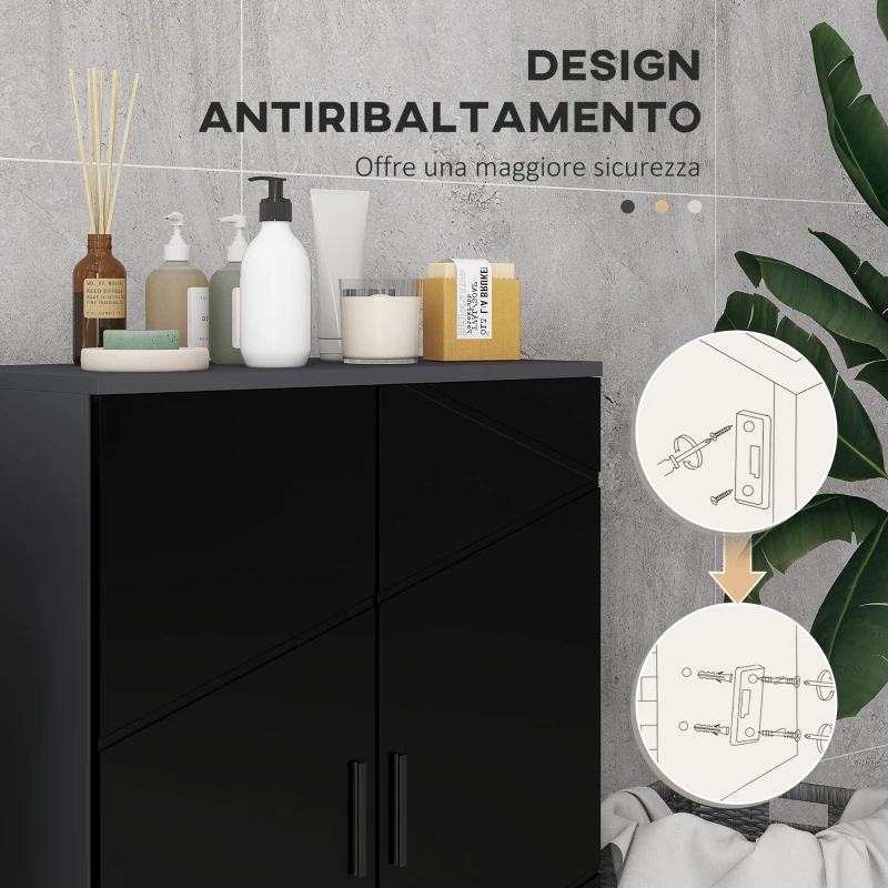 kleankin Mobiletto Bagno 2 Ante in Legno con 3 Ripiani e Chiusura Ammortizzata, 60x30x82cm, Nero Lucido