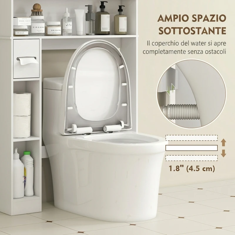 HOMCOM Mobile Sopra WC con Armadietto a 2 Ante Ventilate e Ripiani Aperti, Barra Inferiore, 80x19.5x170 cm, Bianco