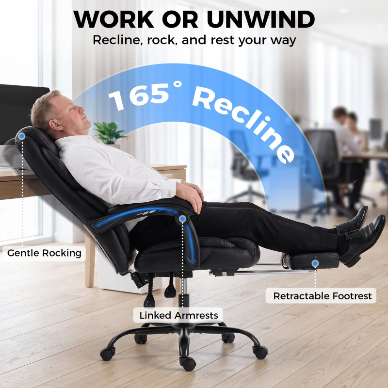 HOMCOM Executive Office Chair, 180kg Big and Tall PU Desk Chair with Linked Armrests, Pocket Spring Cushion, Adjustable Height, Rocking Function, 165° Reclining Backrest, Footrest, PU Casters, Black