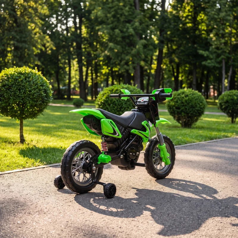 AIYAPLAY Moto Eléctrica Niños 12V con 2 Ruedas Auxiliares Desmontables 2 Motores Suspensión Trasera 3 km/h 3-6 Años Verde