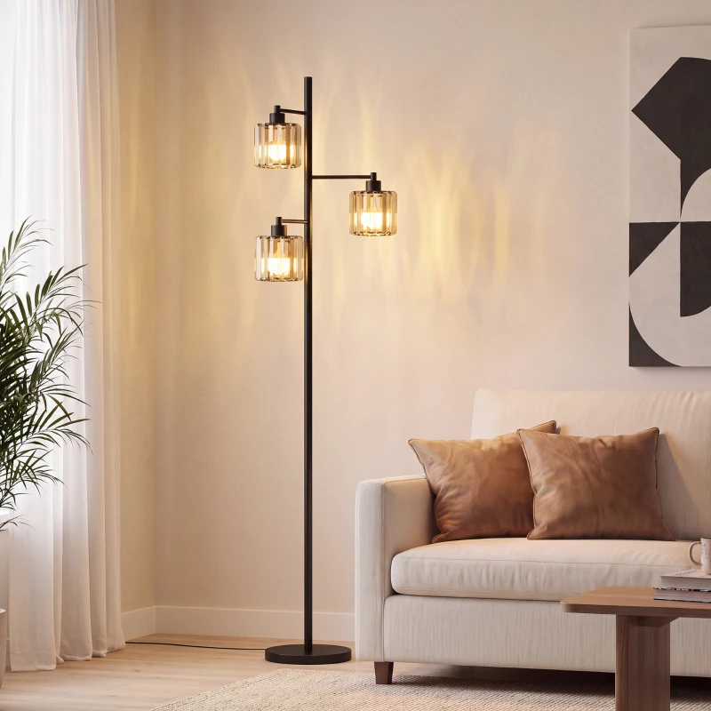 HOMCOM Luminária de Chão 40W, 3 Lâmpadas LED E27, Controle Remoto Magnético, Dimmer, 3 Temperaturas de Cor, Preto
