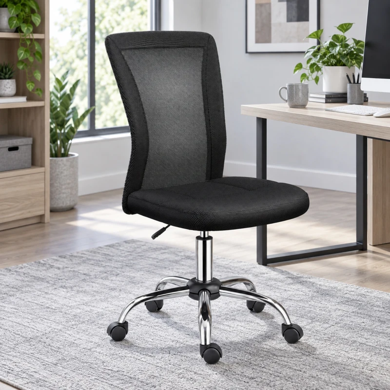 Vinsetto Sedia da Ufficio Ergonomica Senza Braccioli, Sedia per Scrivania Girevole in Tessuto Traspirante a Rete con Seduta Imbottita, Altezza Regolabile, 43x58x90-100cm, Nero
