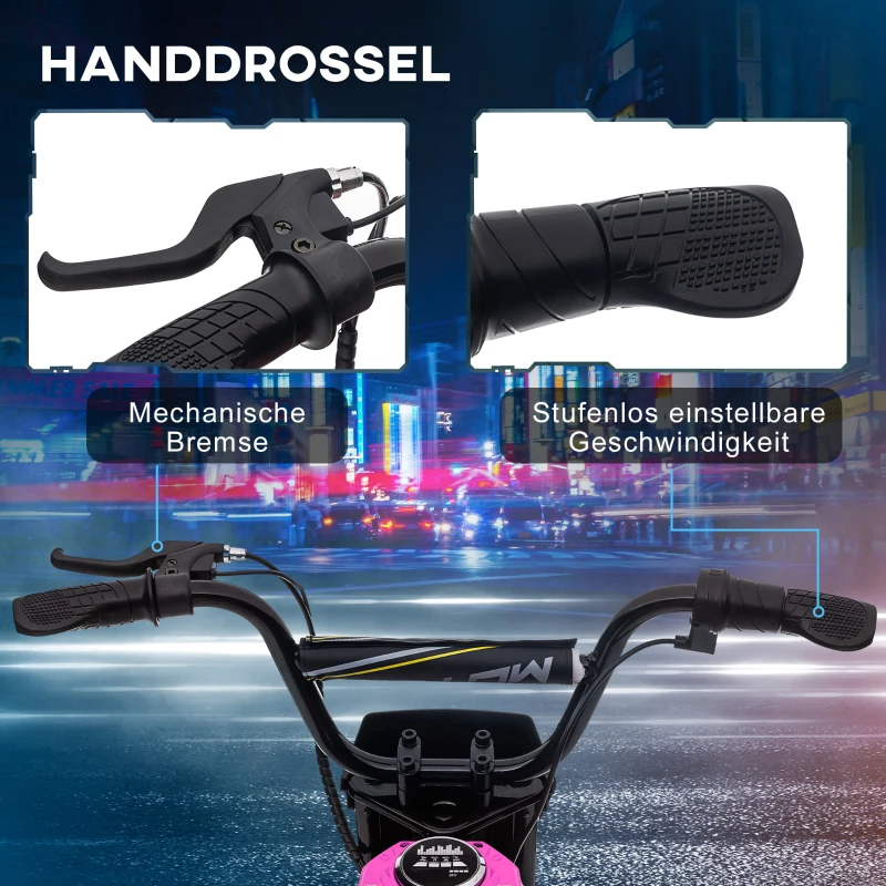 HOMCOM Elektro-Motorrad für Kinder, 24V Kindermotorrad mit Hupe, Leuchte, mit Drehgriff-Gashebel, 8-16 km/h, 8-12 Jahre, Rosa(m-4)