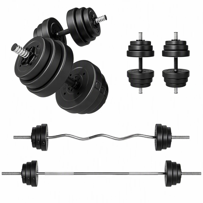 SPORTNOW Kit Haltères Musculation 50 kg 3 en 1, Poids Réglable Revêtement PP, Barre Antidérapante, Verrouillage, Noir