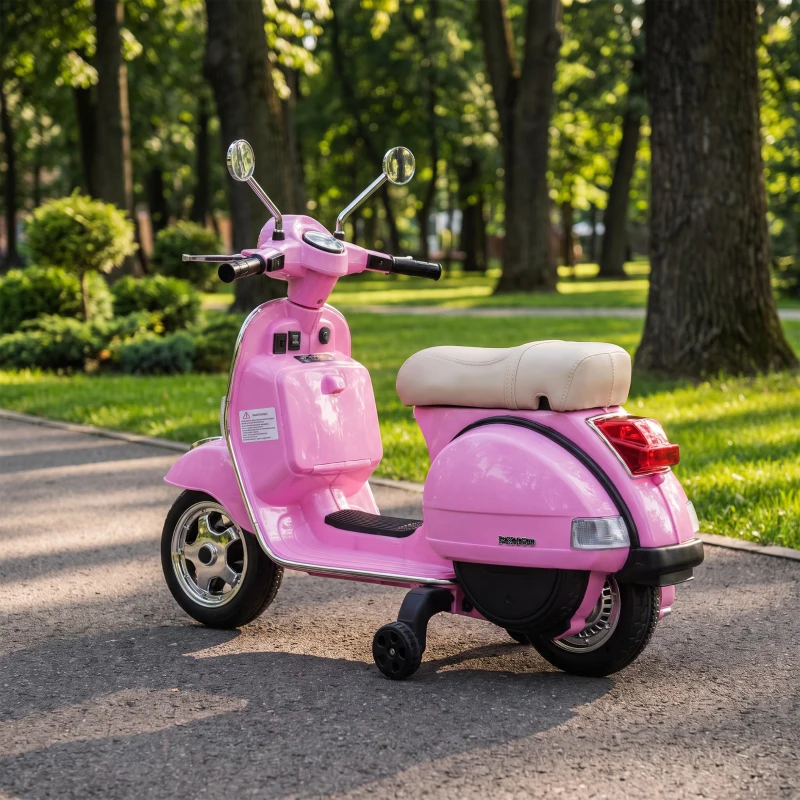 AIYAPLAY Moto Eléctrica Niños 12V Vespa PX150 Ruedas Auxiliares 2 Motores Suspensión Trasera Música Faros 3 km/h 3-6 Años Rosa