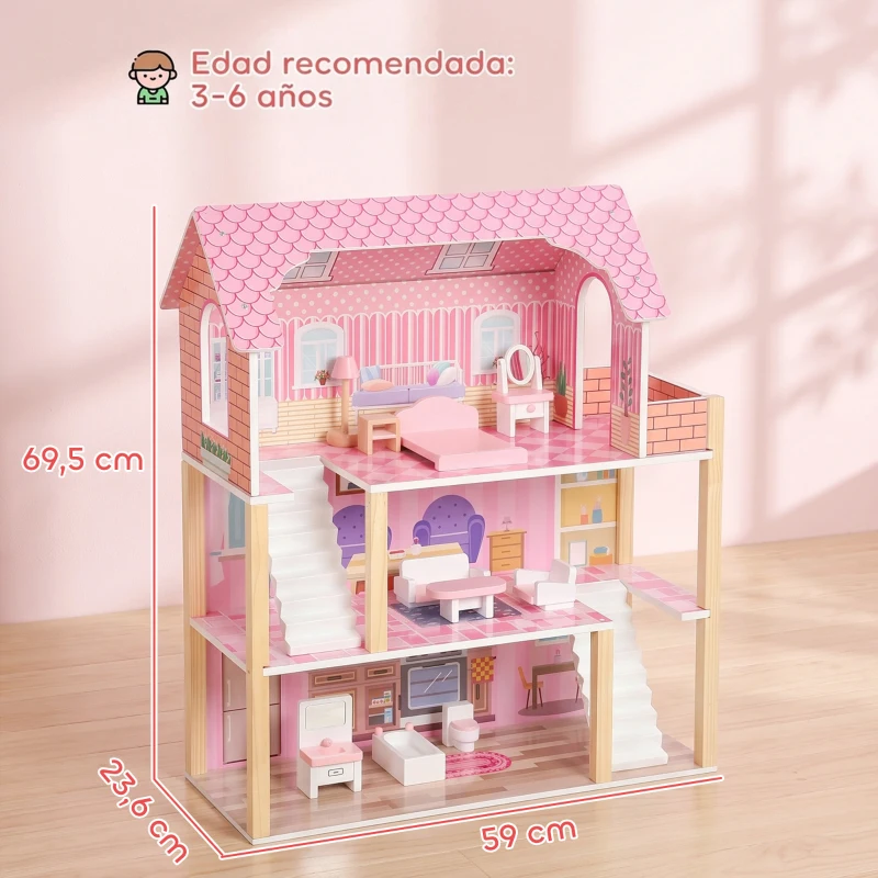AIYAPLAY Casa de Muñecas de Madera 3 Pisos con Balcón Escaleras y 10 Muebles Juguete de Imitación para Niños de 3 a 6 Años Rosa