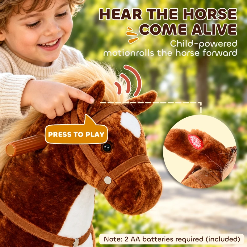 HOMCOM Plush Walking Horse Ride On Toy with Wheels and Realistic Sounds Rocking Horse for Girls Boys 2+ Years Old, 50cm Tall, Brown