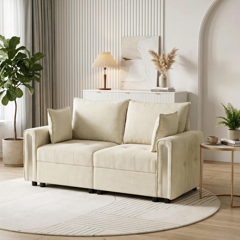 HOMCOM 2 Seater Sofa with Lift-Up Storage, 168 cm Comfy Velvet Small Couch with Wide Deep Seat, Plush Backrest, Thick Padding, 2 Pillows, Loveseat for Living Room, Home Office, Beige
