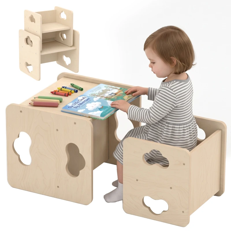 AIYAPLAY Ensemble Table et Chaise Enfant Réversible, Hauteurs Réglables, Poignées Nuage, 18-36 Mois, 38 x 36 x 33,5 cm, Naturel
