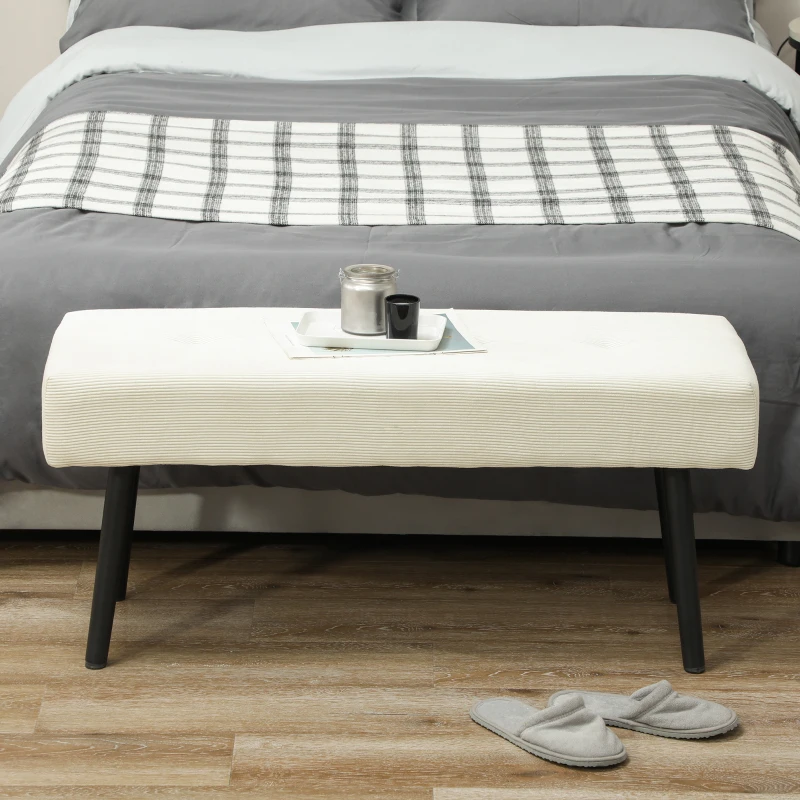 HOMCOM Banco Pie de Cama Tapizado en Pana con Asiento Acolchado Diseño Capitoné y Patas de Acero para Dormitorio Blanco Crema