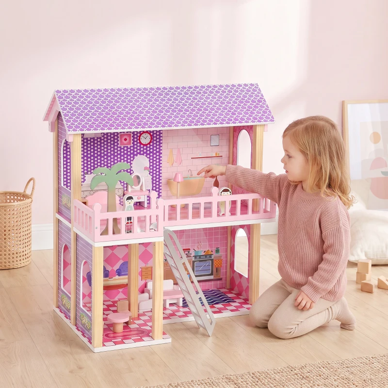 AIYAPLAY Casa delle Bambole in Legno per Bambini, 2 Piani, 11 Mobili e 2 Bambole, Regalo per Ragazze 3-6 Anni, Rosa