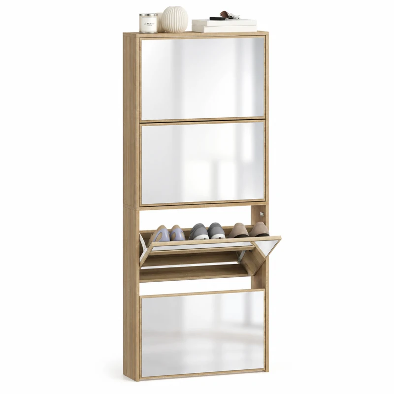 HOMCOM Dulap cu Oglindă și 4 Uși Rabatabile pentru Pantofi, 63x17x146 cm, Culoare Lemn