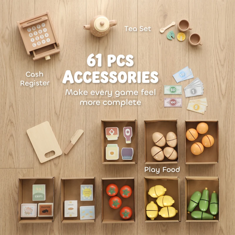 AIYAPLAY Pretend Play Shop, Wooden Kids Grocery Store Playset with Play Food, Cash Register, Chalkboard, 61 Accessories for 3-8