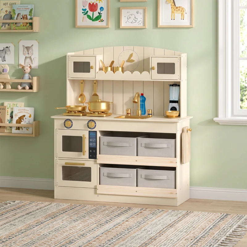 AIYAPLAY Cuisine Enfant, Cuisine en Bois Enfant Dinette, Effet Lumières et Sons, 4 Bacs en Tissu, 12 Accessoires, 3-6 Ans, Crème
