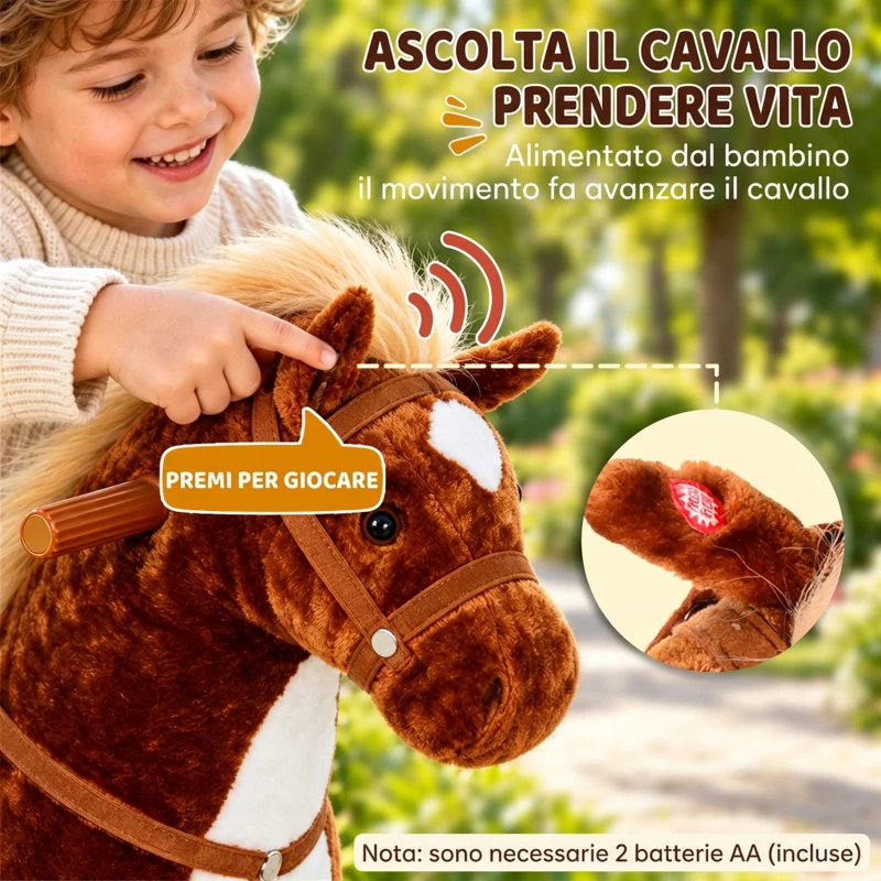 HOMCOM Cavallo a Dondolo per Bambini 2+ Anni con 4 Rotelle e Suoni Realistici, Dondolo per Bambini Imbottito con Poggiapiedi, 65x28x75 cm, Marrone