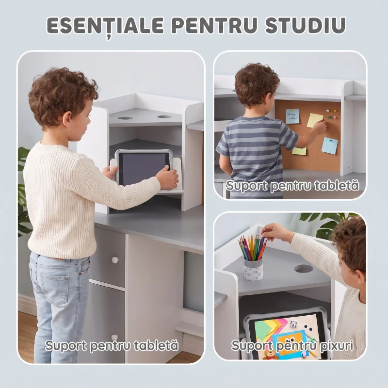 AIYAPLAY Set birou și scaun pentru copii cu suport pentru pixuri, suport reglabil pentru tabletă, dulapuri și tablă din plută, gri