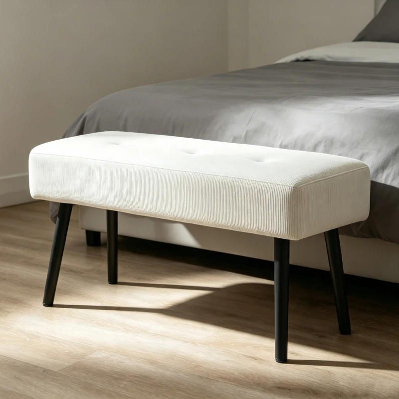 HOMCOM Banco Pie de Cama Tapizado en Pana con Asiento Acolchado Diseño Capitoné y Patas de Acero para Dormitorio Blanco Crema