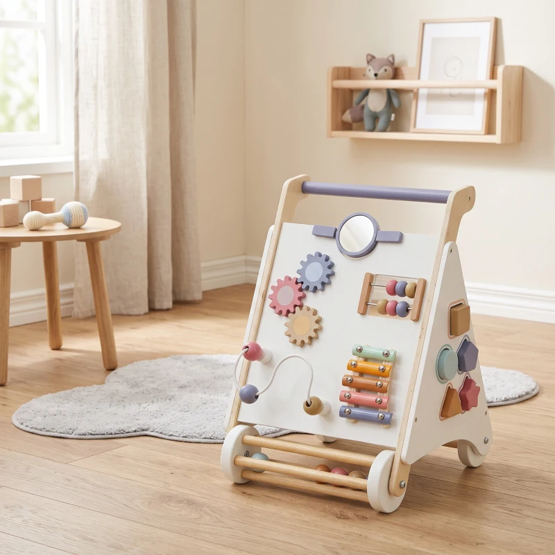 AIYAPLAY Wooden Baby Walker, Montessori Push Along Toy with 5 Blocks and Xylophone Mallet, Adjustable Speed for Toddlers 1.5-3Y