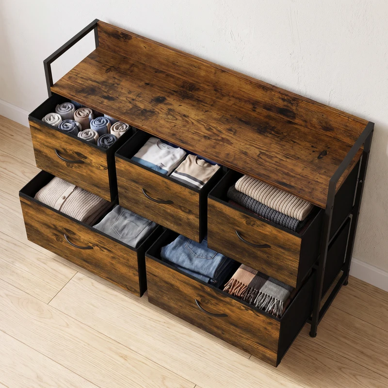 HOMCOM Cómoda de Quarto com 5 Gavetas, Cómoda em Tecido com Tampo de Madeira, Castanho e Preto