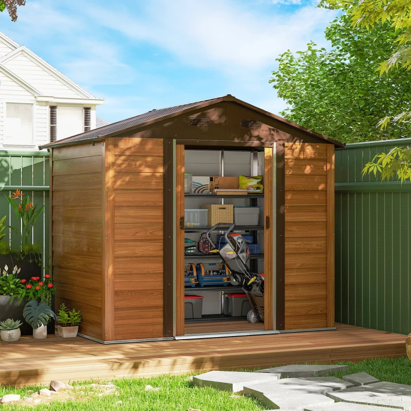 Outsunny 6 x 8ft Galvanised Steel Shed - Brown Wood-Effect